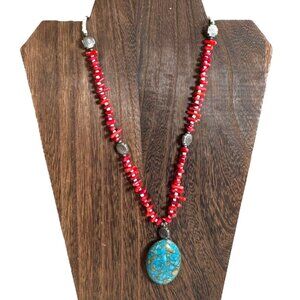 Handcrafted Red Coral Necklace Faux Turquoise Pendant Southwest & Silver Accents
